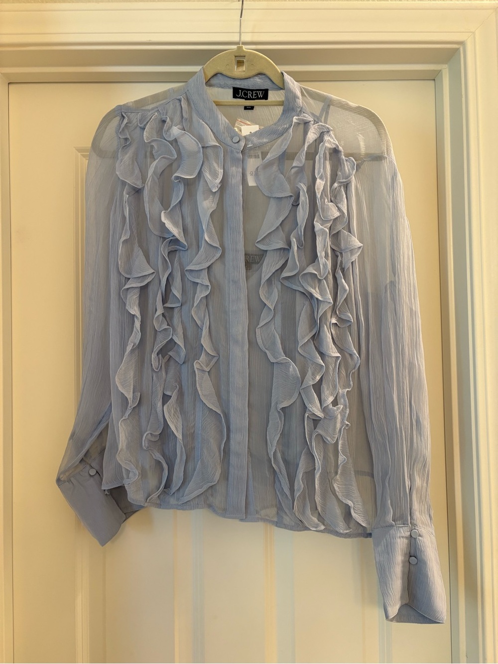 NWT J. Crew Pale Blue Ruffle-front Sheer Blouse in Crinkle Cupro. Size 4